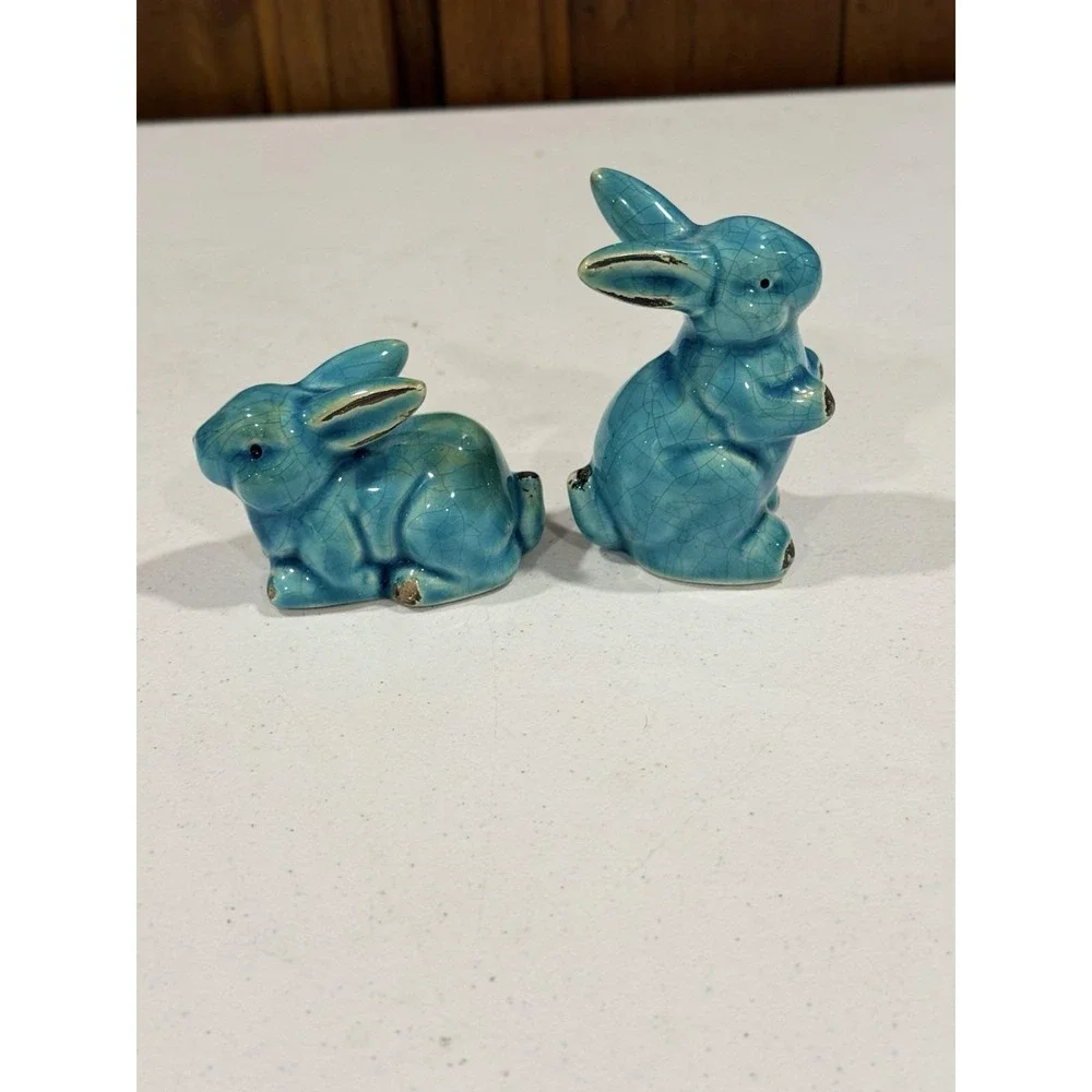 Turquoise Crackle Glaze Rabbit Figurines (2) Distressed Vintage Style